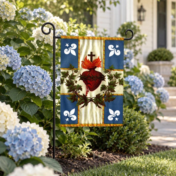 Sacred Heart Garden Flag, Fleur-de-Lis Catholic Outdoor Banner, Devotional Yard Flag for Catholic Home