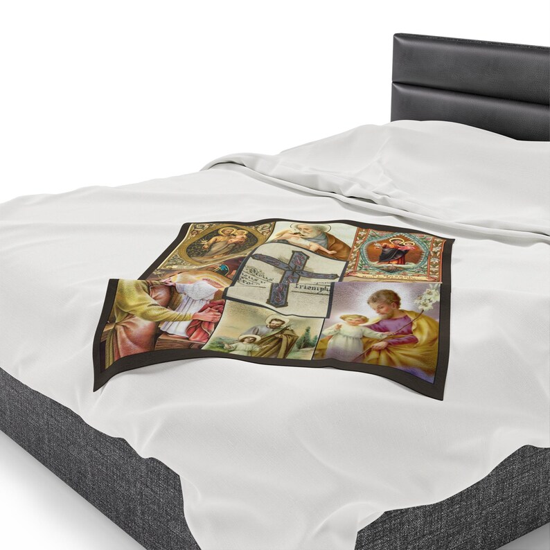 St. Joseph Antique Holy Card Velveteen Plush Blanket | Catholic Devotional Throw image 8