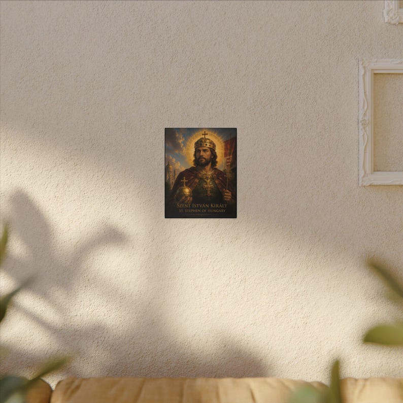 Arte mural católico húngaro, impresión en lienzo de San Esteban de Hungría, regalo de arte sacro para el hogar católico. imagen 3