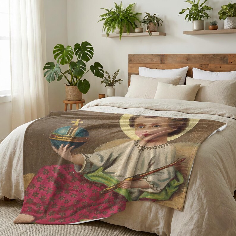 Christmas plush blanket spread across the foot of a bed with a wooden headboard