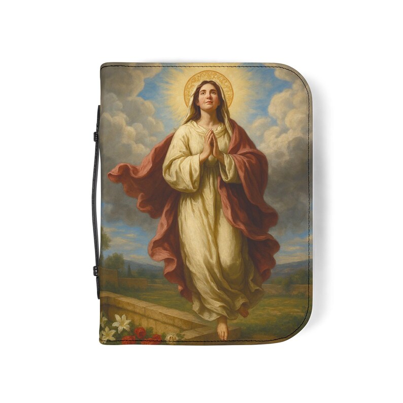 Assumption of Mary Bible Cover, Catholic Gift for Mom or Confirmation, Marian PU Leather Zip Bible Case image 16
