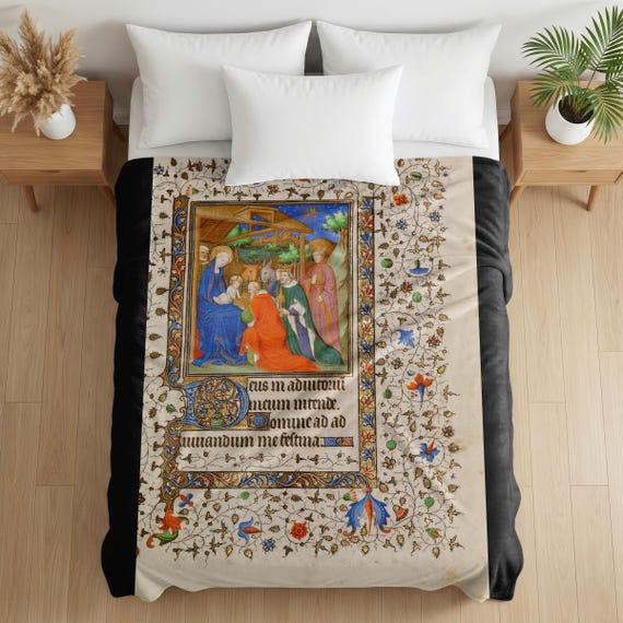 Adoration of the Magi Velveteen Blanket, Book of Hours Sacred Art Throw, Christmas Devotional