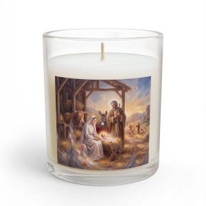 Close view of Christmas glass candle, front view