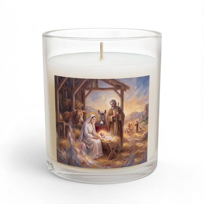 Close view of Christmas glass candle, front view