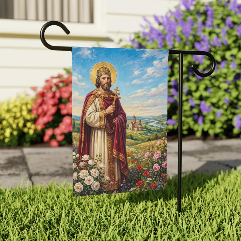 Bandera de jardín de San Esteban de Hungría, estandarte del santo patrón católico húngaro, decoración tradicional católica para exteriores. imagen 5