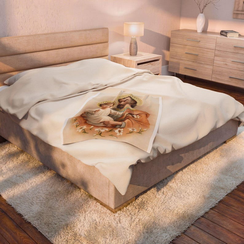 Sacred Art St. Joseph Blanket, Catholic Holy Family Velveteen Throw for Prayer or Home image 5