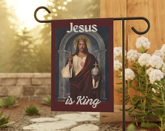 Jesus is King Garden Flag Banner (Red) - Catholic Christian Orthodox - Unique Dad Mom Church Gift Show your faith outdoors! Garden Unique