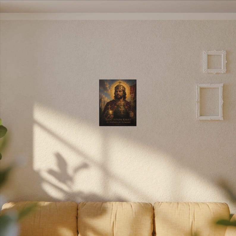 Arte mural católico húngaro, impresión en lienzo de San Esteban de Hungría, regalo de arte sacro para el hogar católico. imagen 7