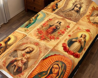 Virgin Mary Blanket, Catholic Gift for Mom, Marian Devotional Velveteen Plush Throw