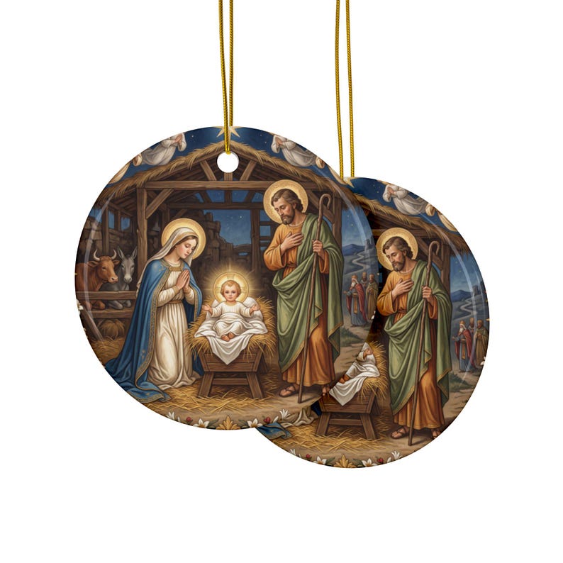 Ceramic Nativity Ornament, Catholic Christmas Keepsake Gift for Grandparent Godparent Teacher, Two-Sided Holy Family image 2