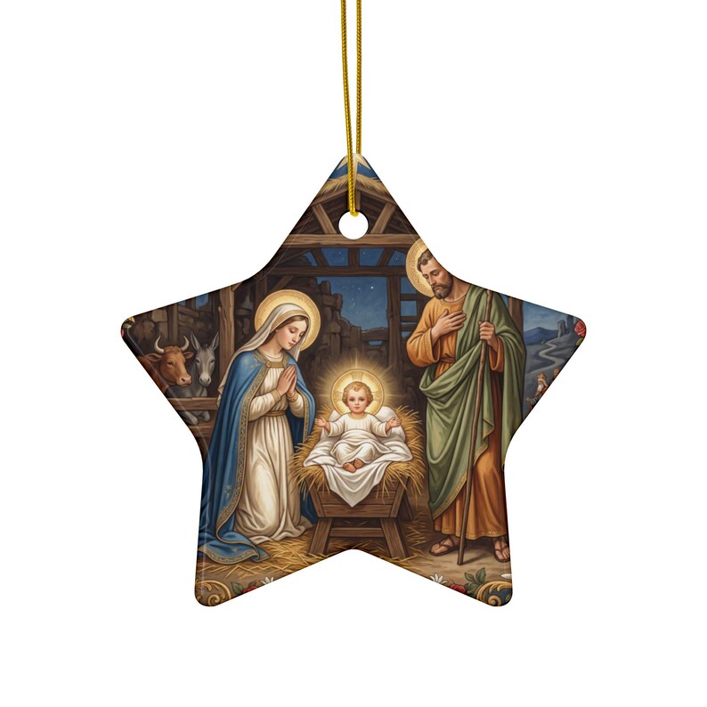 Ceramic Nativity Ornament, Catholic Christmas Keepsake Gift for Grandparent Godparent Teacher, Two-Sided Holy Family image 7