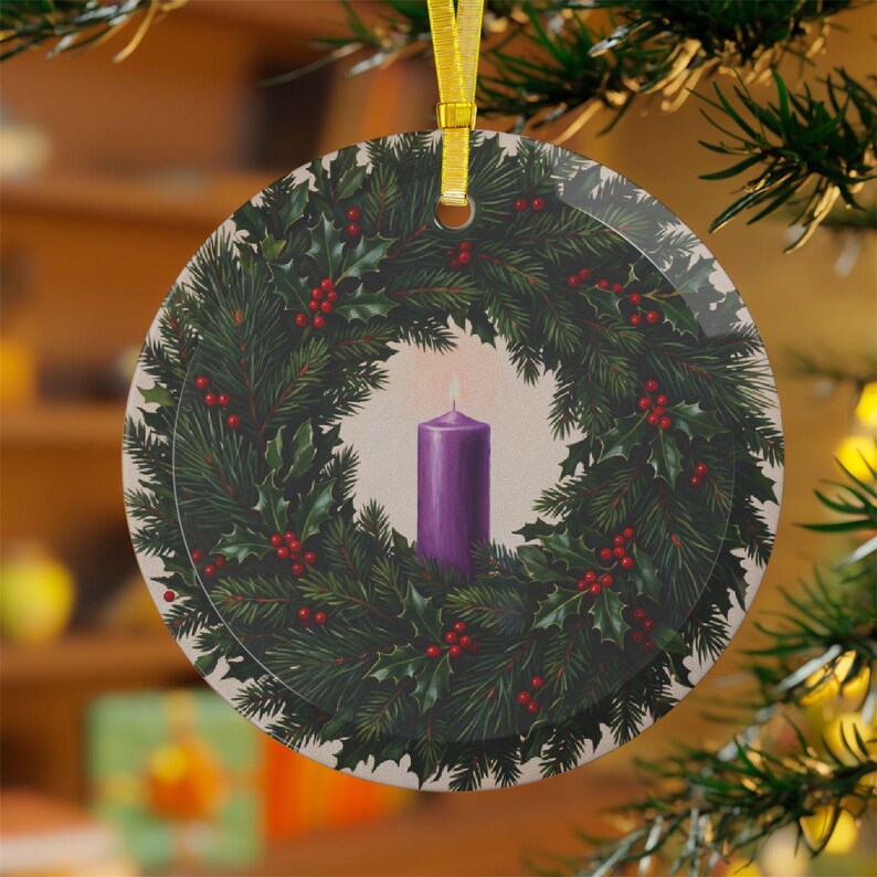 Styled photograph of First Sunday of Advent glass ornament