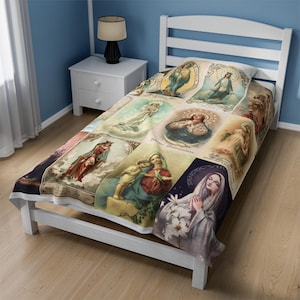 Coperta della Vergine Maria Coperta di peluche antica con santini, regalo accogliente per la mamma, pastore cattolico, nonna, volto di Gesù, camera da letto, famiglia, coperta, qualità cimelio