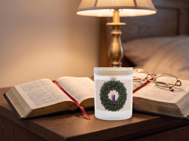 Another view of First Sunday of Advent frosted glass candle