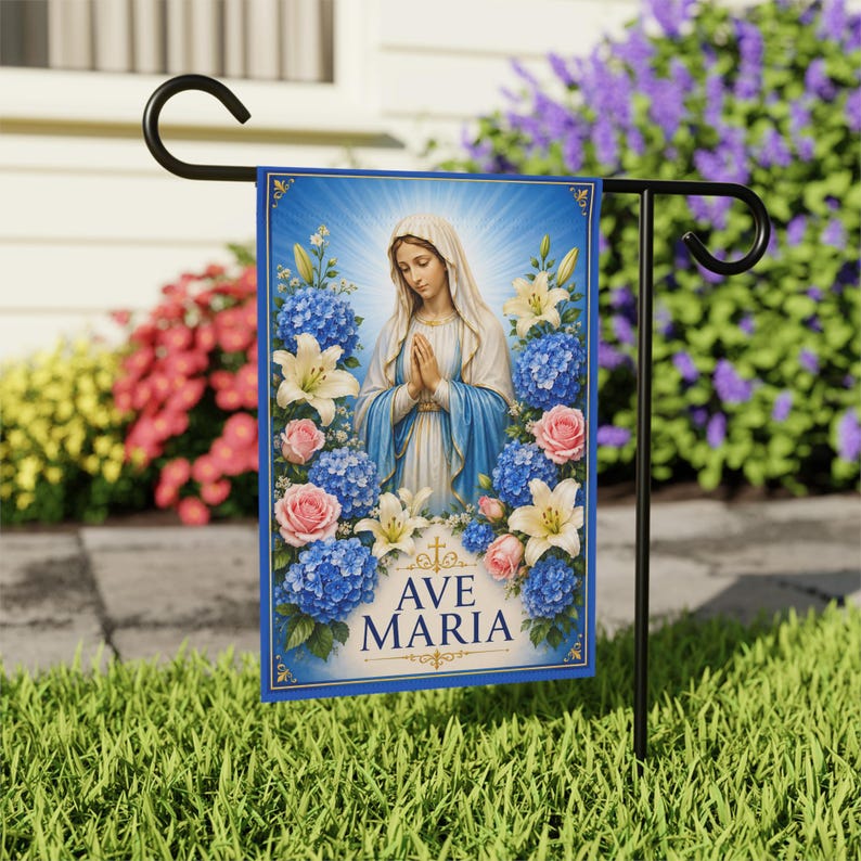 Ave Maria Virgin Mary Garden Flag | Religious Outdoor Banner, Floral Shrine image 6