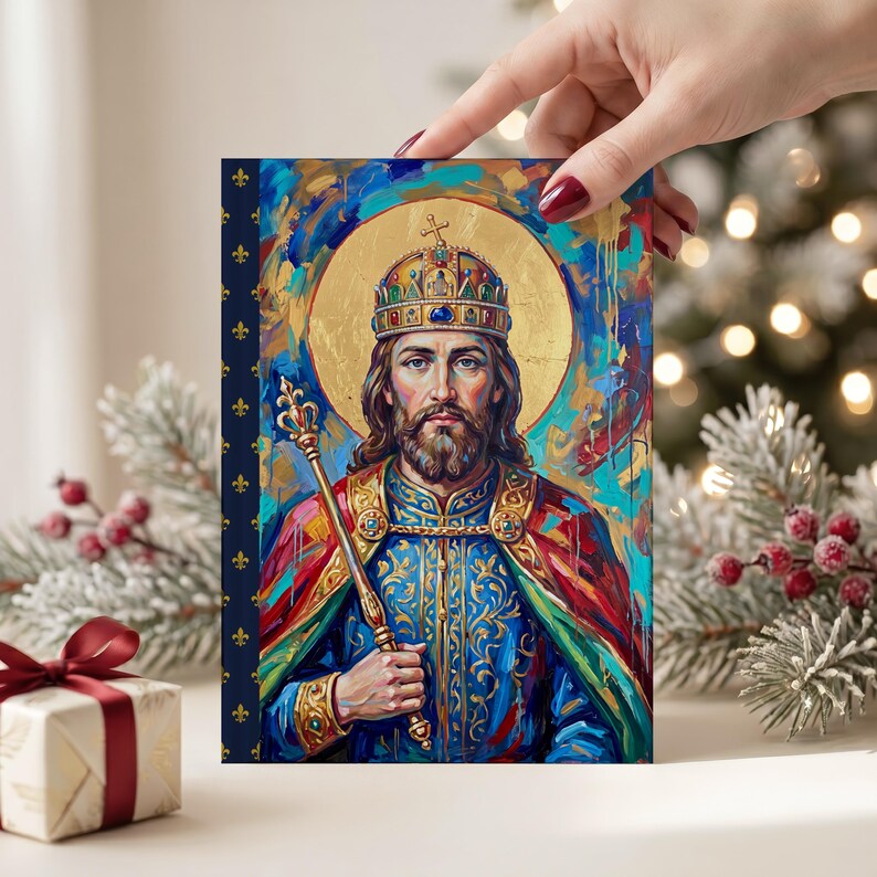 Photograph of St. Stephen of Hungary lined journal, with the prayer typeset on the back cover, navy and gold fleur-de-lis spine, christmas interior