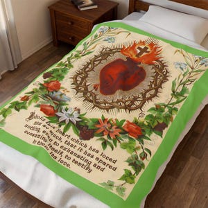 Manta de felpa de terciopelo con ilustración del Sagrado Corazón / Diseño de estampa religiosa antigua / Diseño devocional religioso imagen 8
