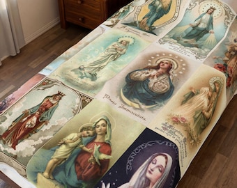 Vintage Madonna Collage Blanket, Catholic Gift for Mom, Marian Devotional Throw for Home Altar