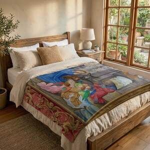 Nativity plush blanket spread over a wooden bed beside a sunlit garden window