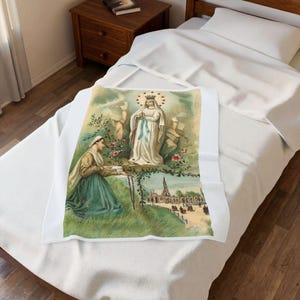 Our Lady of Lourdes Blanket, Catholic Marian Throw, Vintage Holy Card Gift for Catholic Mom or Prayer Home image 3