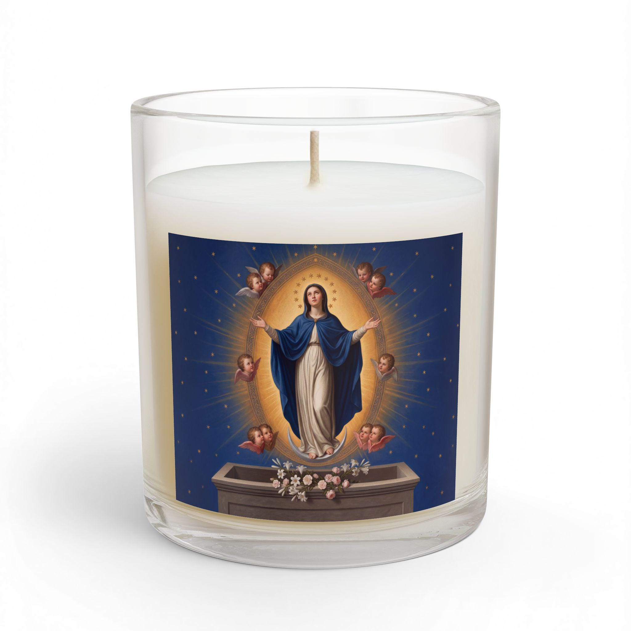 Assumption of Mary Scented Candle, Catholic Home Decor Gift, Marian Devotional 11oz Glass Jar Candle