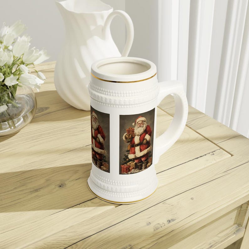 Old Fashioned Santa Claus Stein Mug, St. Nick Christmas Gift for Dad Mom Grandpa Grandma, Gold Trim Holiday Beer Mug image 5