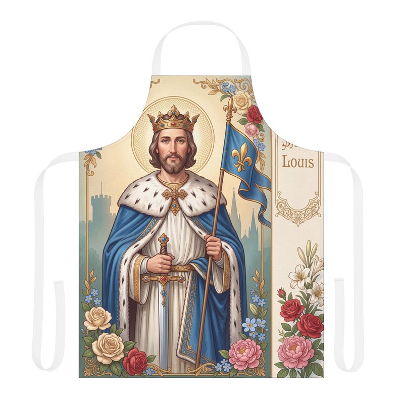 Saint Louis Apron with Adjustable Straps, Traditional Catholic Kitchen Gift image 1