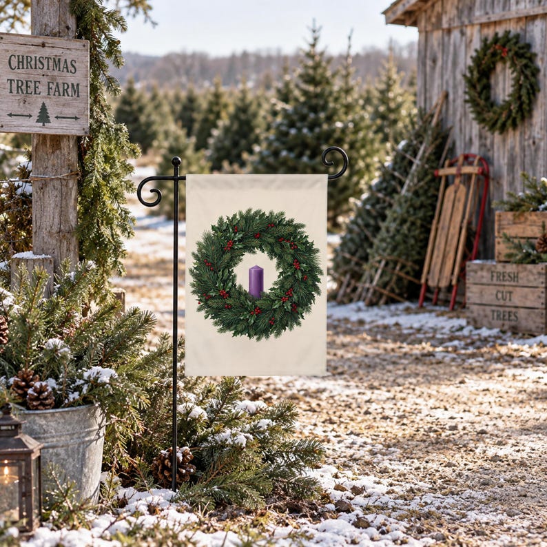 Advent garden flag on a garden stand at a snowy Christmas tree farm
