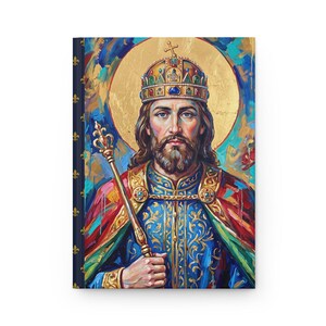View of St. Stephen of Hungary lined journal, with the prayer typeset on the back cover, navy and gold fleur-de-lis spine, front cover