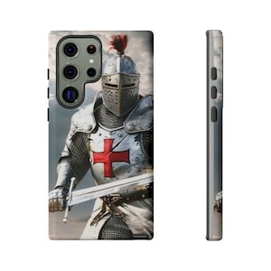 May include: A phone case with a design of a knight in armor holding a sword. The knight is wearing a red cross on his chest and a helmet with a plume. The background is a cloudy sky.