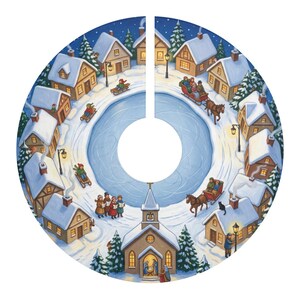 Christmas tree skirt featuring a circular winter village scene with snow-covered houses, a church, evergreen trees, people sledding and caroling, and a horse-drawn sleigh arranged around a central blue frozen pond
