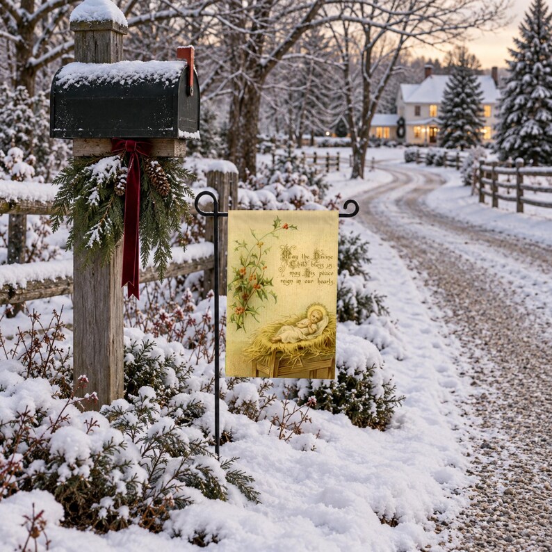 Nativity garden flag on a garden stand beside a snow-covered mailbox on a winter lane