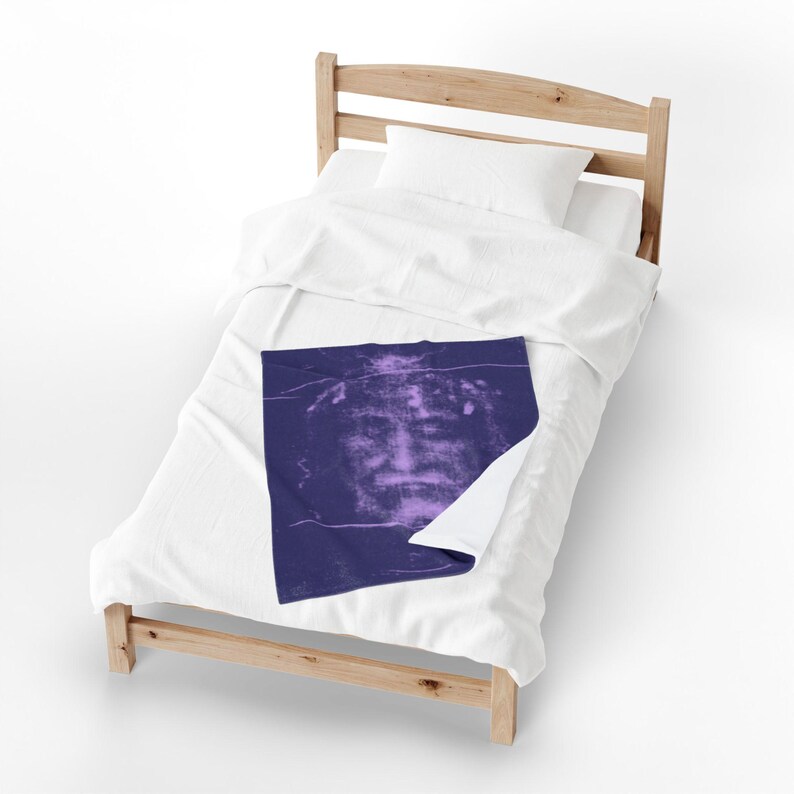 Shroud of Turin Blanket, Holy Face of Jesus Catholic Gift, Purple Velveteen Plush Throw for Prayer Room or Home image 7
