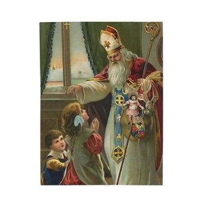 St. Nicholas Santa Claus Catholic Blanket, Vintage Holy Card Christmas Gift, Plush Throw for Catholic Home image 2
