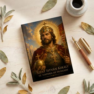 Photograph of St. Stephen of Hungary lined journal, with the prayer typeset on the back cover, navy and gold fleur-de-lis spine, purchased