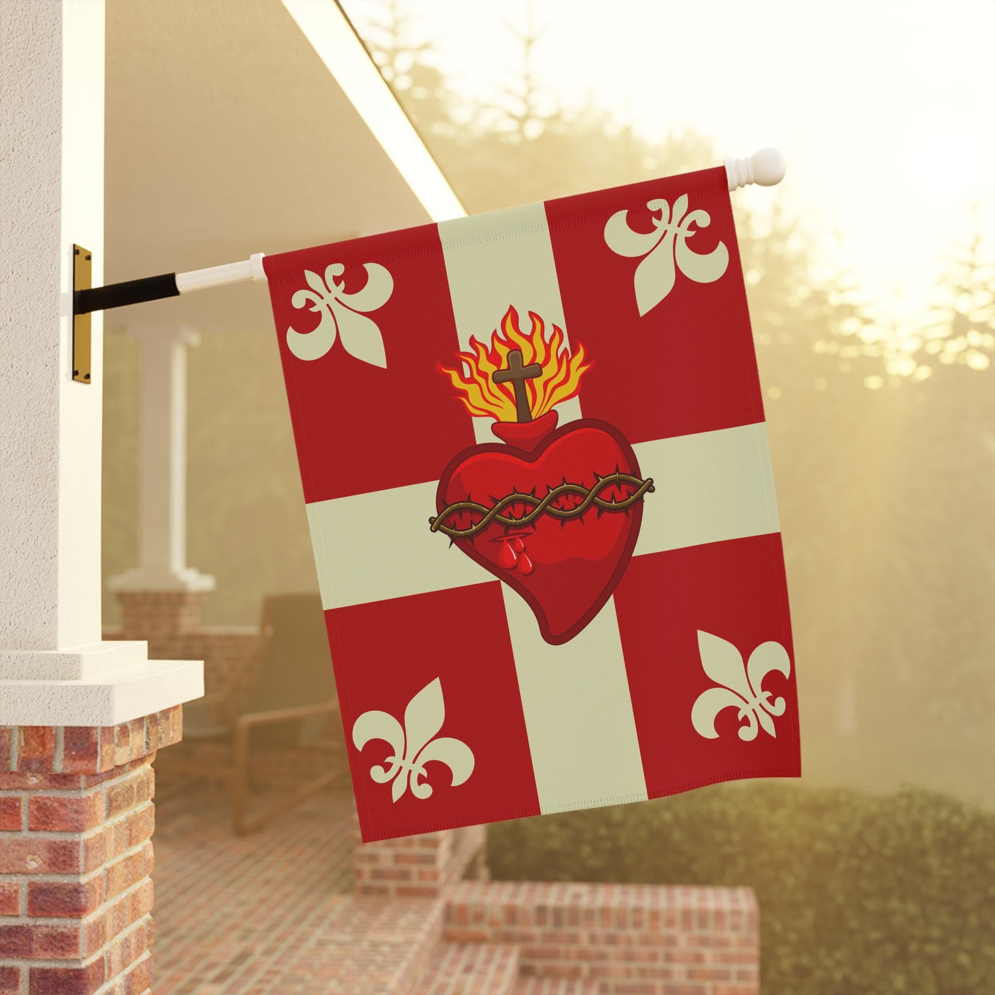 Sacred Heart Fleur-de-Lis Catholic Garden Flag, Traditional Devotional Outdoor Banner, Jesus Gift for Catholic Home