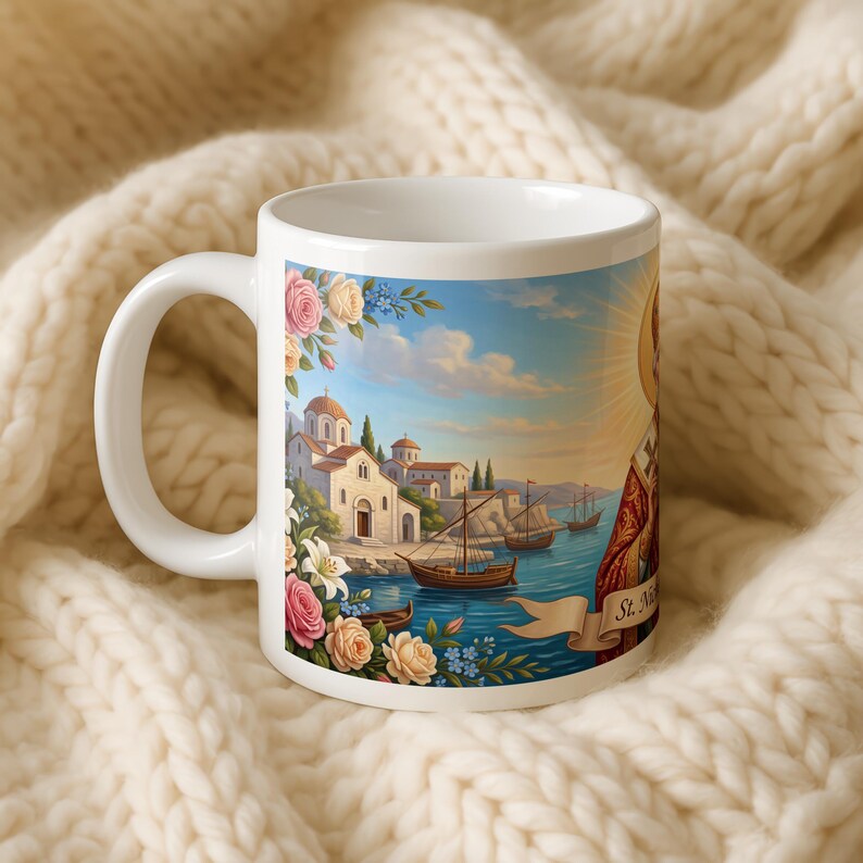 View of St. Nicholas ceramic mug
