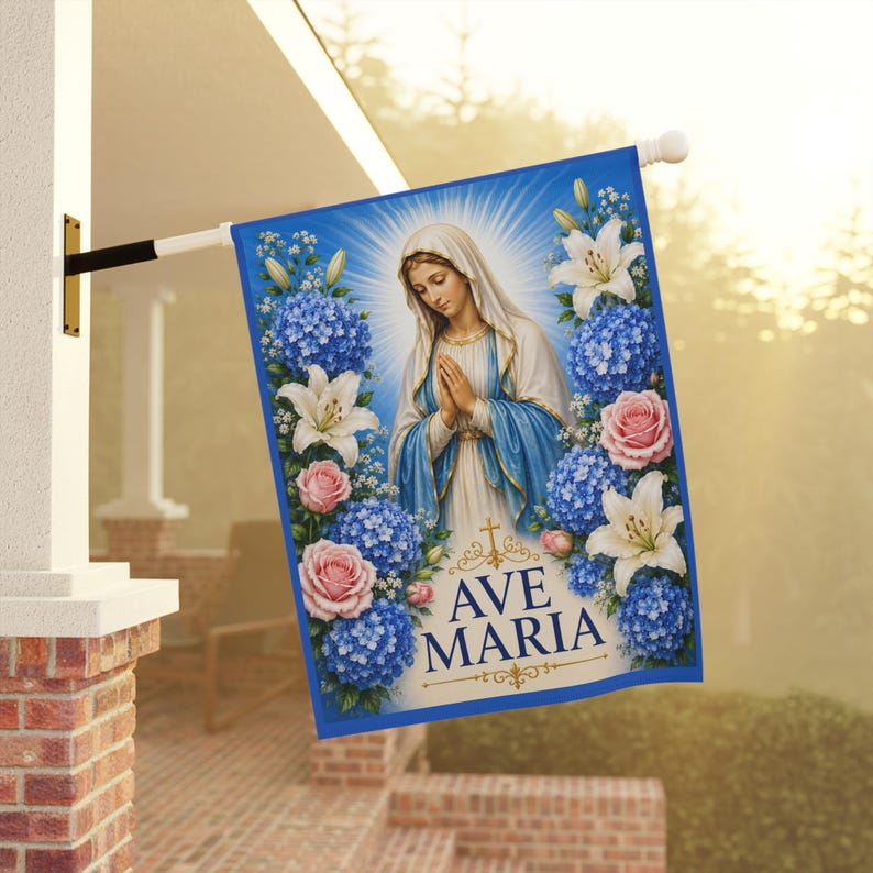 Ave Maria Virgin Mary Garden Flag | Religious Outdoor Banner, Floral Shrine image 1