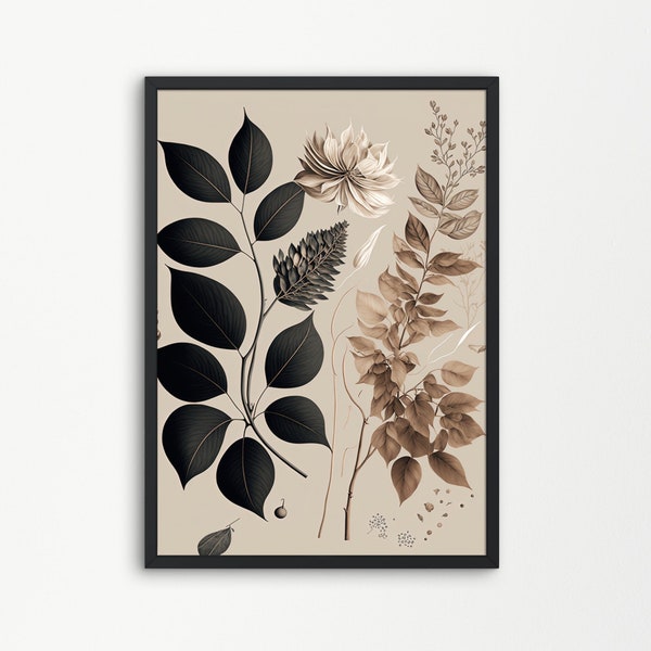 Neutral Botanical Leaves | Digital Print | Wall Art Digital Download