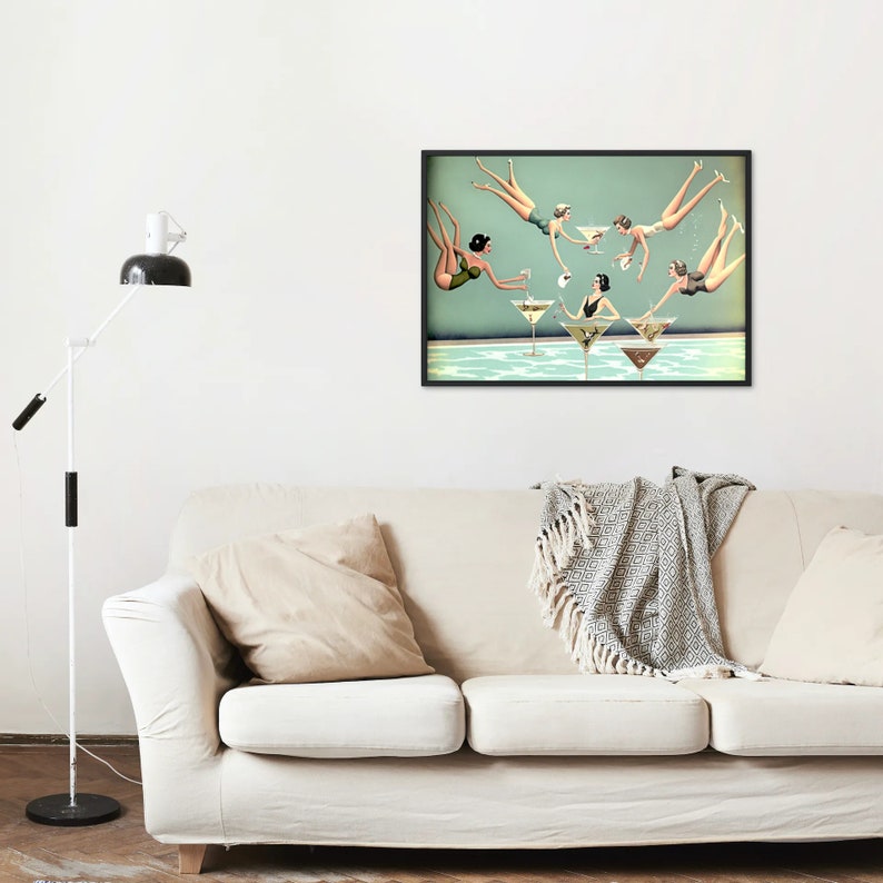 Vintageinspired Woman Diving Into Martini Glass Digital Etsy