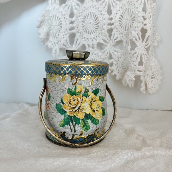 Vintage English Murray and Allen Metal Tea Tin Gold and Blue with Rose Floral Pattern Confections Tin With Lid and Handle