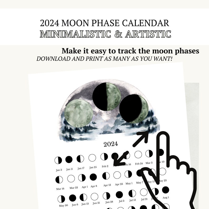 Moon Phases 2024 Printable, Instant Download, Moon Cycle, Moon Calendar