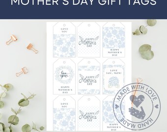Mother's Day Gift Tags Printable, Hydrangea, blue and white
