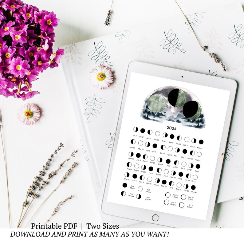 Moon Phases 2024 Printable, Instant Download, Moon Cycle, Moon Calendar, Eclipses, Lunar Moon