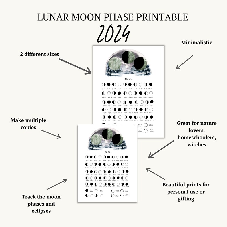 Moon Phases 2024 Printable, Instant Download, Moon Cycle, Moon Calendar