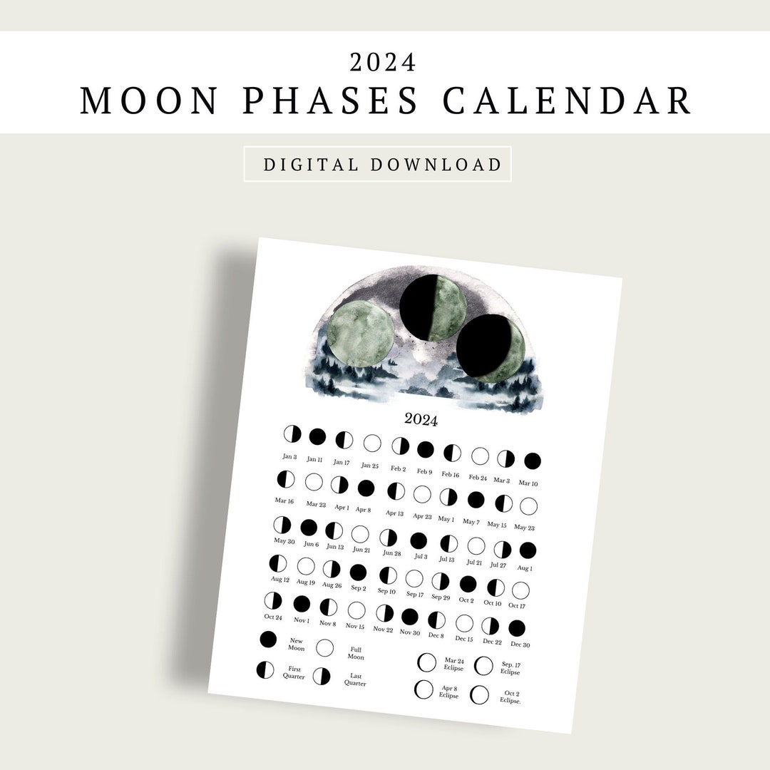 Moon Phases 2024 Printable, Instant Download, Moon Cycle, Moon Calendar 