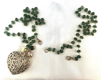 Chrysoprase necklace with large openwork heart pendant. Maxi heart pendant with charms and baroque pearl. Long necklace convertible into two.