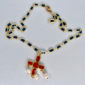Midnight blue crystal glass chain set in 14k gold. Cross pendant in red enamel with 3 freshwater pearls. Gift for the bride.
