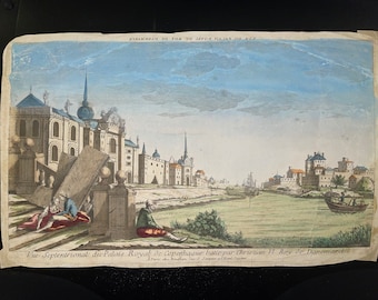 May include: An antique hand-colored engraving depicting a view of the Royal Palace in Copenhagen, Denmark. The palace is shown in detail, with a long, narrow facade and a central tower. The engraving is dated 1730 and includes the text "Vue Septentrional du Palais Royal de Copenhague batie par Christian VI. Roy de Danemarck."