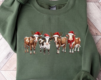 Sudadera de vaca de Navidad, suéter de luces de vaca, sudadera de mujer de vaca, camisa amante de las vacas, sudadera de Navidad, cuello redondo de vaca de las tierras altas, Navidad de granja